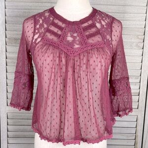 FREE PEOPLE Lace Blouse 3/4 Sleeve Raspberry-XS